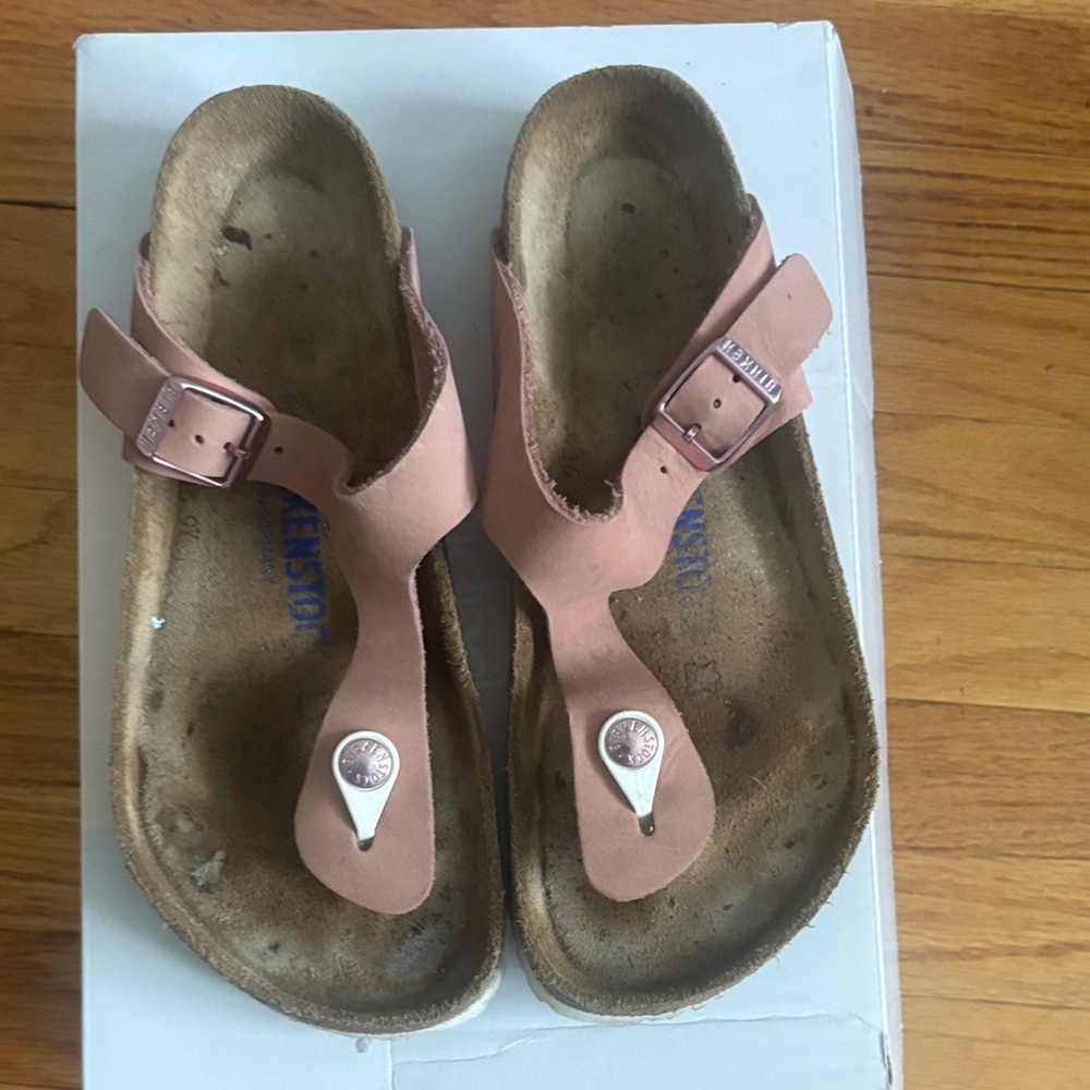 Birkenstock Pink Leather Toe-Post Sandals with Buckle